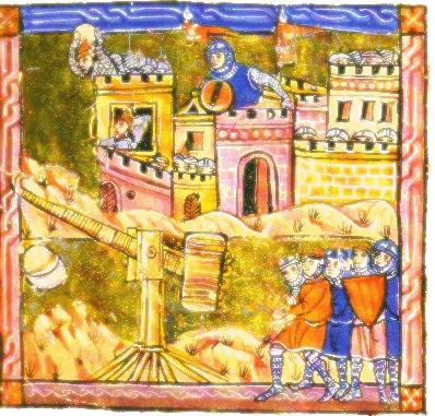 The crew of a heavy 'hybrid' traction trebuchet in action at Acre in 1191