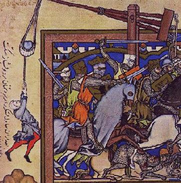 A scene from the Maciejowski Bible showing knights - and a trebuchet - from the 1250s